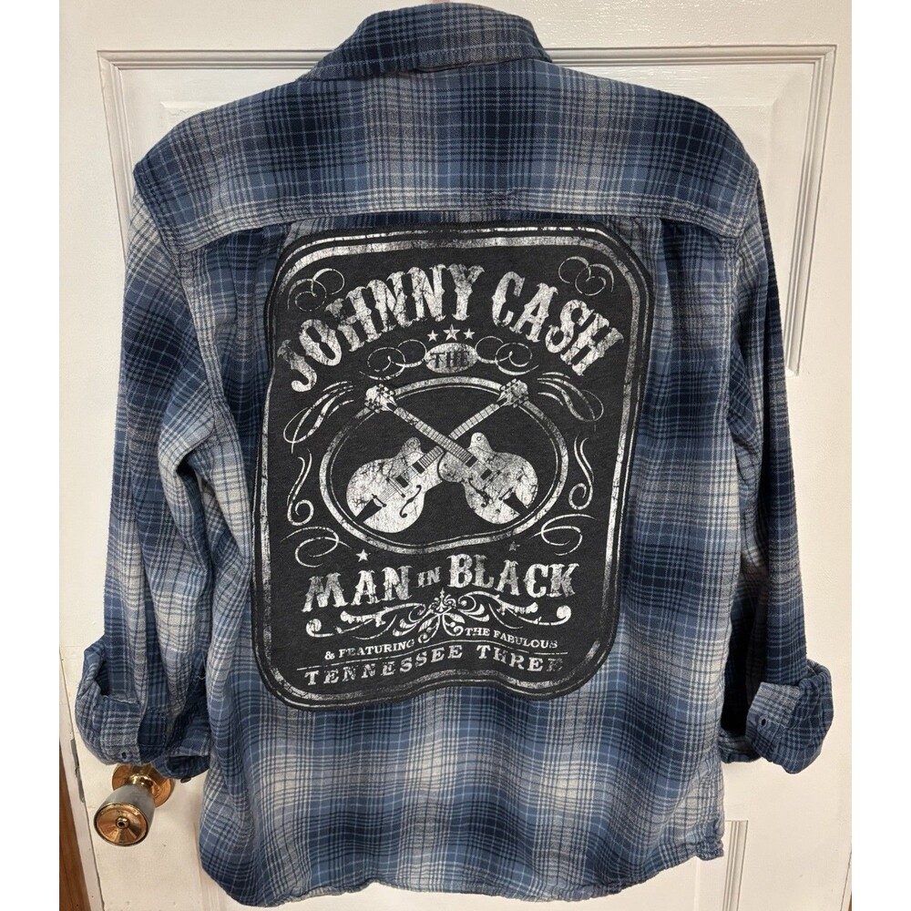 Upcycled Johnny Cash Man In Black Blue Flannel Button Up Shirt Mens Size Large